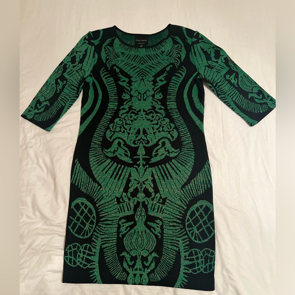 Ming Wang Green and Black metallic 3/4 sleeve knee length dress